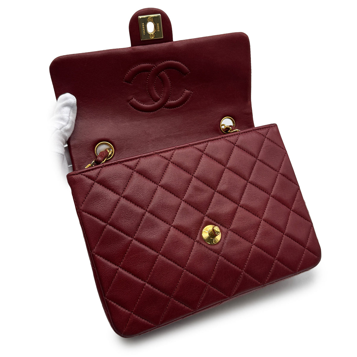 VINTAGE CHANEL MINI MATELASSE CHAIN SHOULDER BAG RED LAMB SKIN GOLD HARDWARE 90329210
