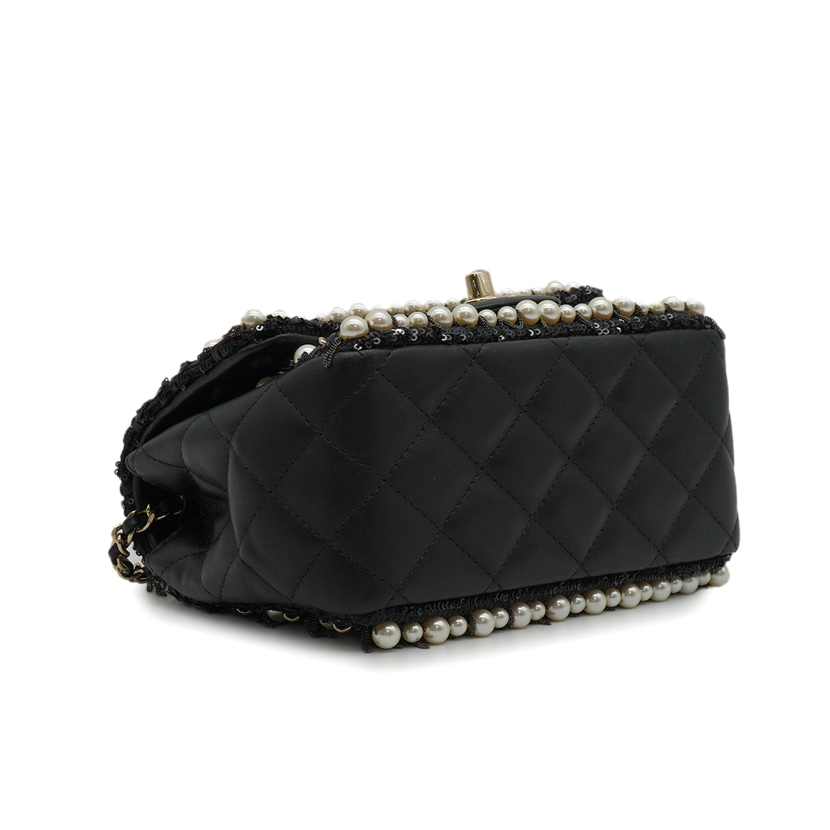 CHANEL MINI MATELASSE FAUX PEARL FRINGE SEQUINS CHAIN SHOULDER BAG BLACK LEATHER GOLD HARDWARE 90345994