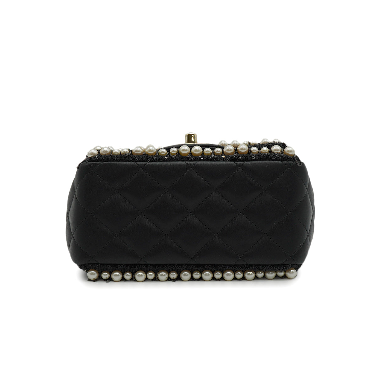 CHANEL MINI MATELASSE FAUX PEARL FRINGE SEQUINS CHAIN SHOULDER BAG BLACK LEATHER GOLD HARDWARE 90345994