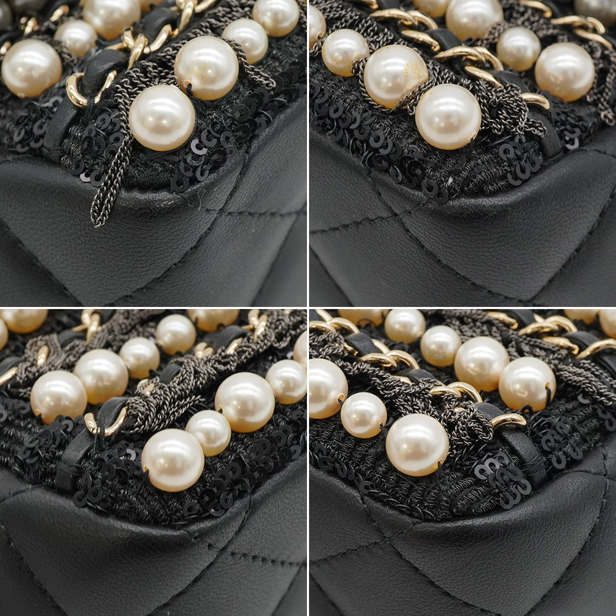 CHANEL MINI MATELASSE FAUX PEARL FRINGE SEQUINS CHAIN SHOULDER BAG BLACK LEATHER GOLD HARDWARE 90345994