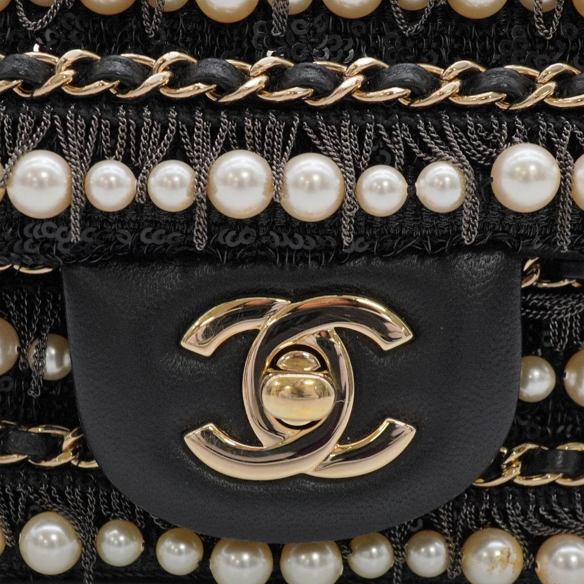 CHANEL MINI MATELASSE FAUX PEARL FRINGE SEQUINS CHAIN SHOULDER BAG BLACK LEATHER GOLD HARDWARE 90345994