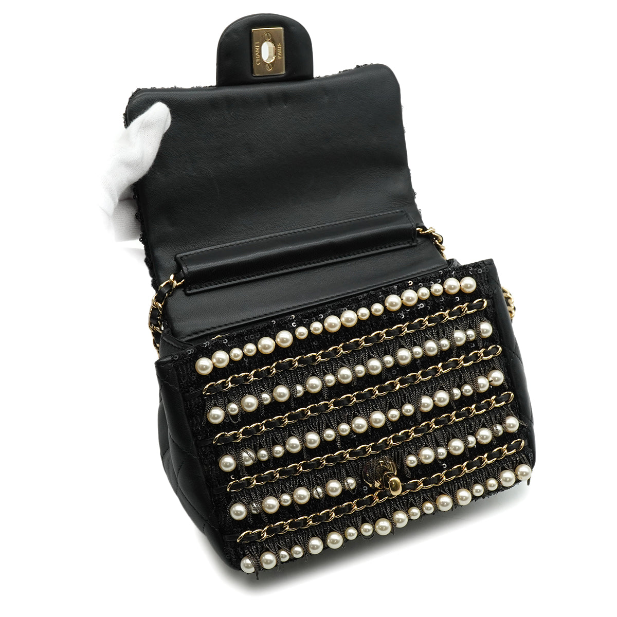 CHANEL MINI MATELASSE FAUX PEARL FRINGE SEQUINS CHAIN SHOULDER BAG BLACK LEATHER GOLD HARDWARE 90345994
