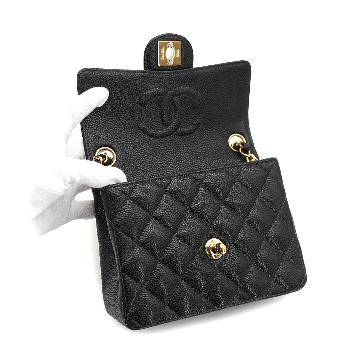VINTAGE CHANEL MINI SQUARE 17 CHAIN SHOULDER BAG BLACK CAVIAR SKIN GOLD HARDWARE 90335587