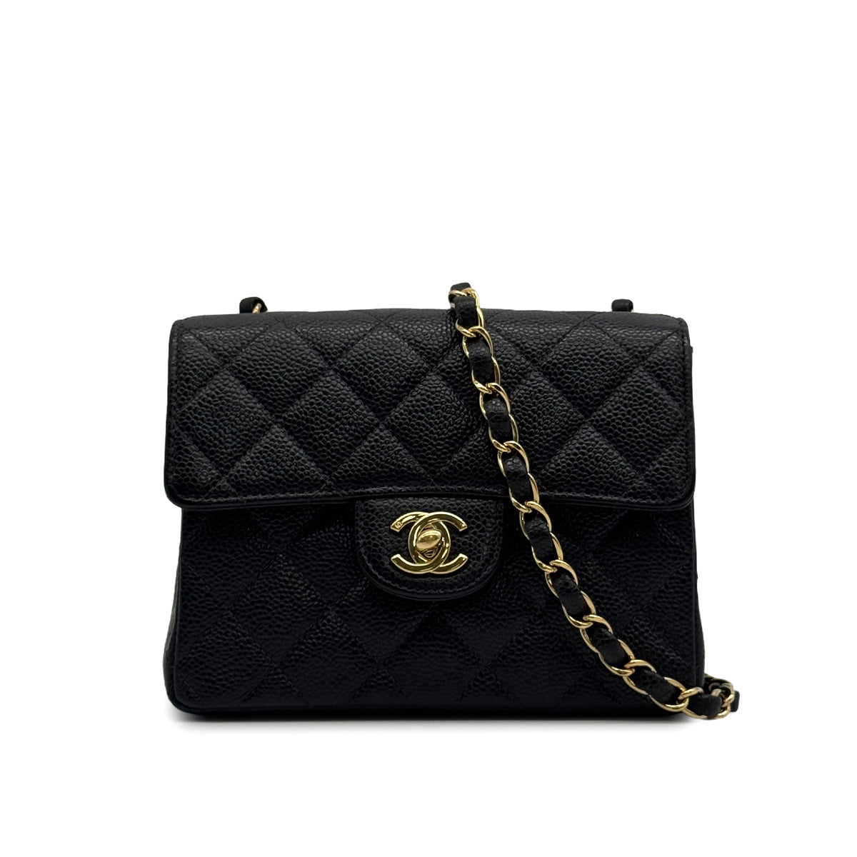 VINTAGE CHANEL MINI SQUARE 17 CHAIN SHOULDER BAG BLACK CAVIAR SKIN GOLD HARDWARE 90328928