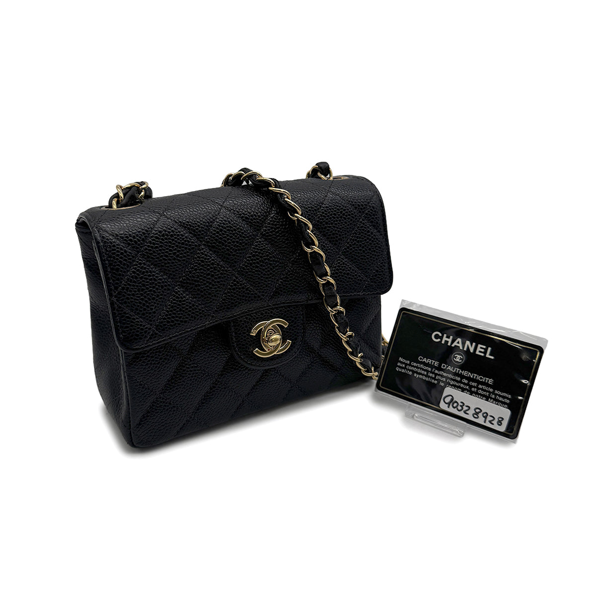 VINTAGE CHANEL MINI SQUARE 17 CHAIN SHOULDER BAG BLACK CAVIAR SKIN GOLD HARDWARE 90328928