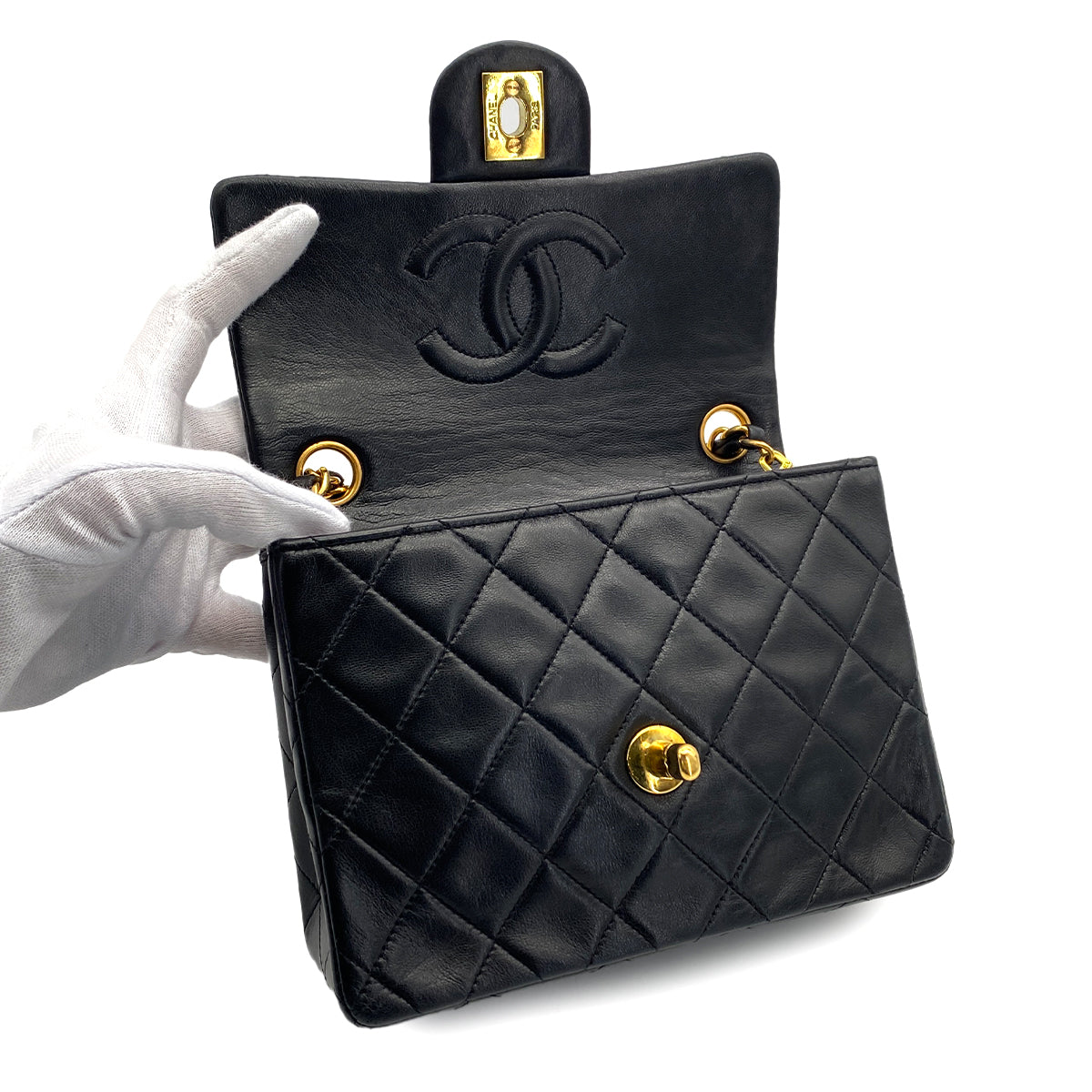 VINTAGE CHANEL MINI SQUARE 17 CHAIN SHOULDER BAG BLACK LAMB SKIN 90324819