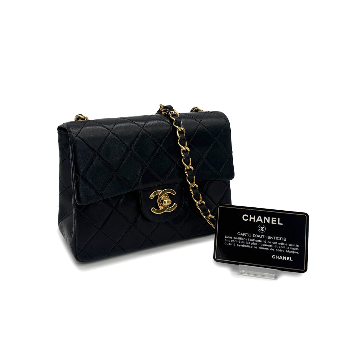 VINTAGE CHANEL MINI SQUARE 17 CHAIN SHOULDER BAG BLACK LAMB SKIN GOLD HARDWARE 90319942