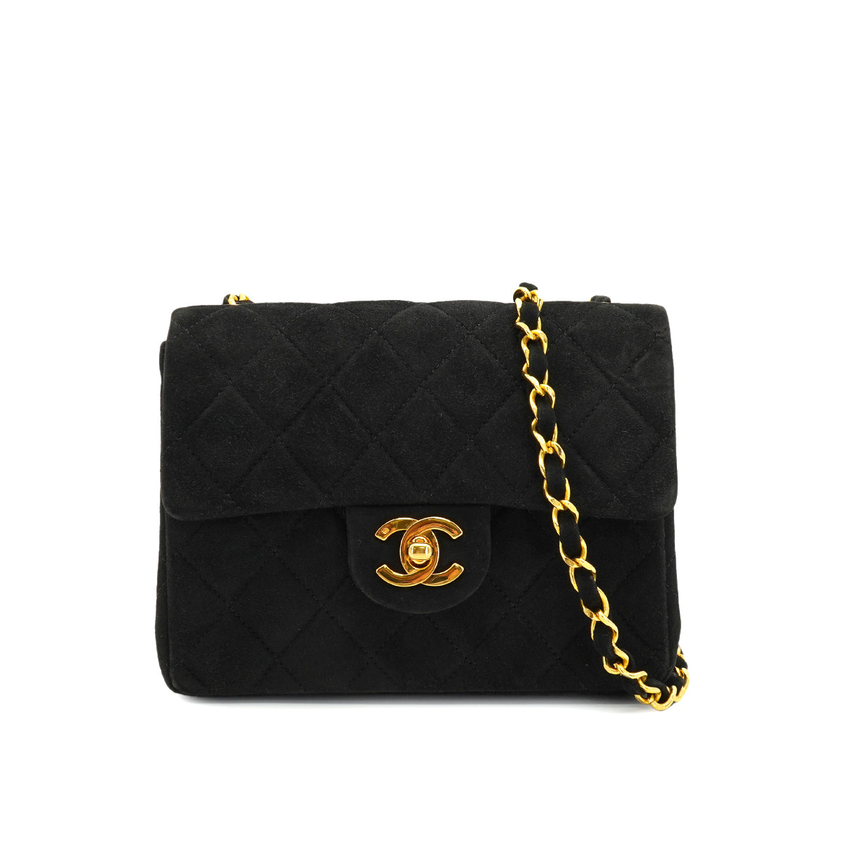 VINTAGE CHANEL MINI SQUARE 17 CHAIN SHOULDER BAG BLACK SUEDE GOLD HARDWARE 90326733