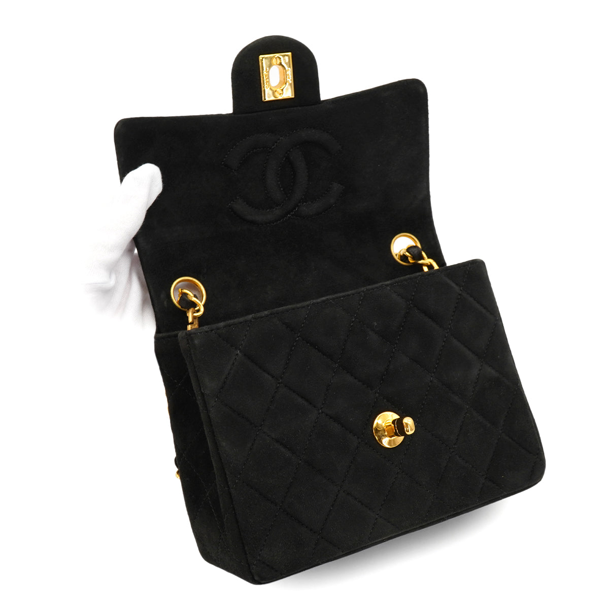 VINTAGE CHANEL MINI SQUARE 17 CHAIN SHOULDER BAG BLACK SUEDE GOLD HARDWARE 90326733