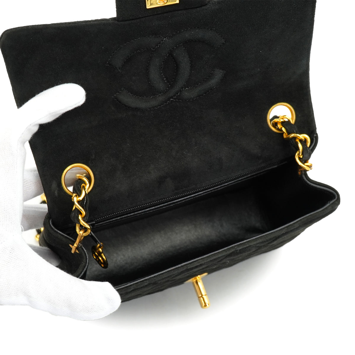 VINTAGE CHANEL MINI SQUARE 17 CHAIN SHOULDER BAG BLACK SUEDE GOLD HARDWARE 90326733