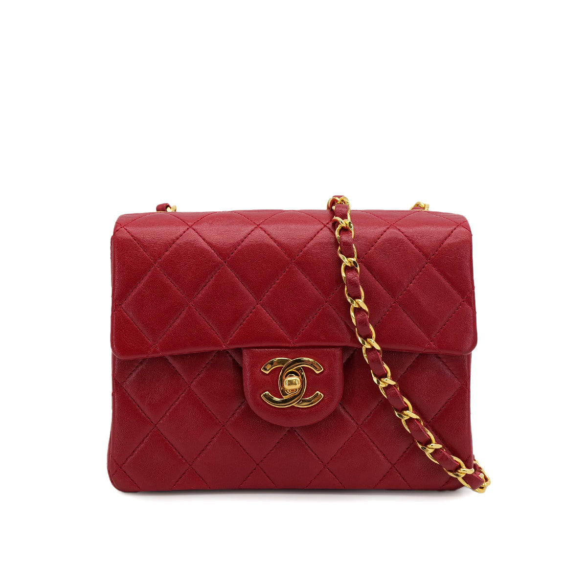 VINTAGE CHANEL MINI SQUARE 17 CHAIN SHOULDER BAG RED LAMB SKIN GOLD HARDWARE 90307916