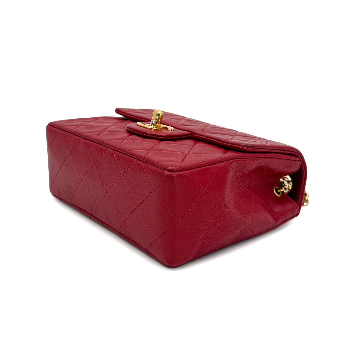 VINTAGE CHANEL MINI SQUARE 17 CHAIN SHOULDER BAG RED LAMB SKIN GOLD HARDWARE 90317890