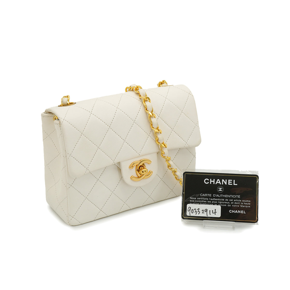 VINTAGE CHANEL MINI SQUARE 17 CHAIN SHOULDER BAG WHITE LAMB SKIN GOLD HARDWARE 90332914