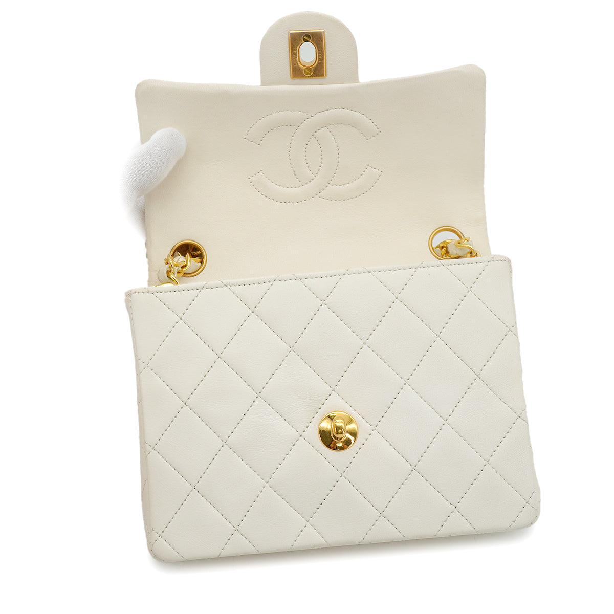 VINTAGE CHANEL MINI SQUARE 17 CHAIN SHOULDER BAG WHITE LAMB SKIN GOLD HARDWARE 90332914
