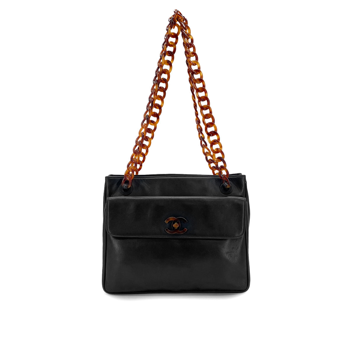 VINTAGE CHANEL PLASTIC CHAIN SHOULDER BAG TORTOISESHELL BLACK LAMB SKIN 90328120