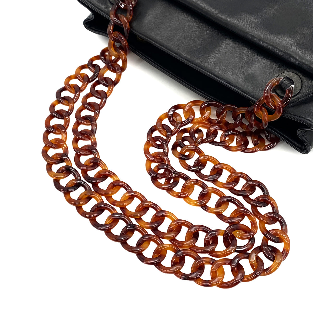 VINTAGE CHANEL PLASTIC CHAIN SHOULDER BAG TORTOISESHELL BLACK LAMB SKIN 90328120