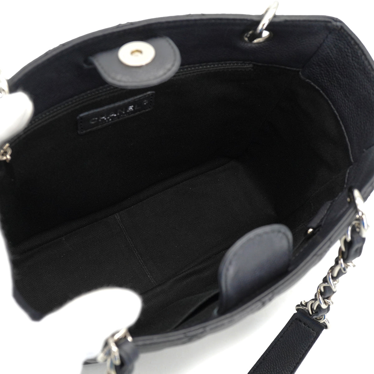 VINTAGE CHANEL PST CHAIN TOTE BAG BLACK CAVIAR SKIN SILVER HARDWARE 90327085