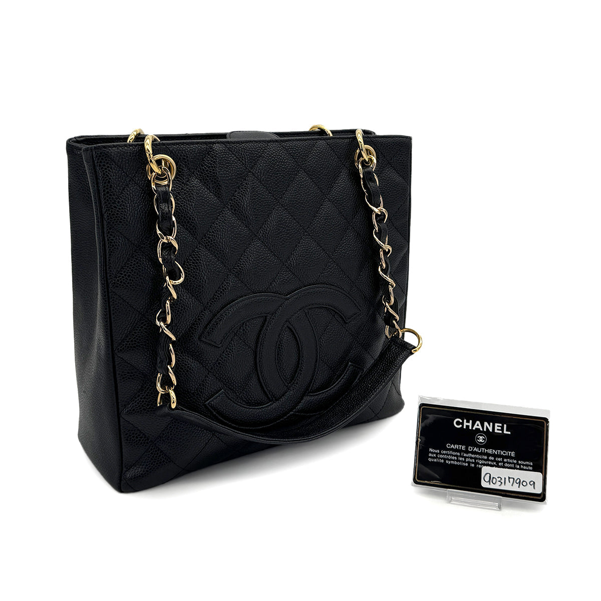 VINTAGE CHANEL PST CHAIN TOTE BAG BLACK CAVIAR SKIN GOLD HARDWARE 90317909