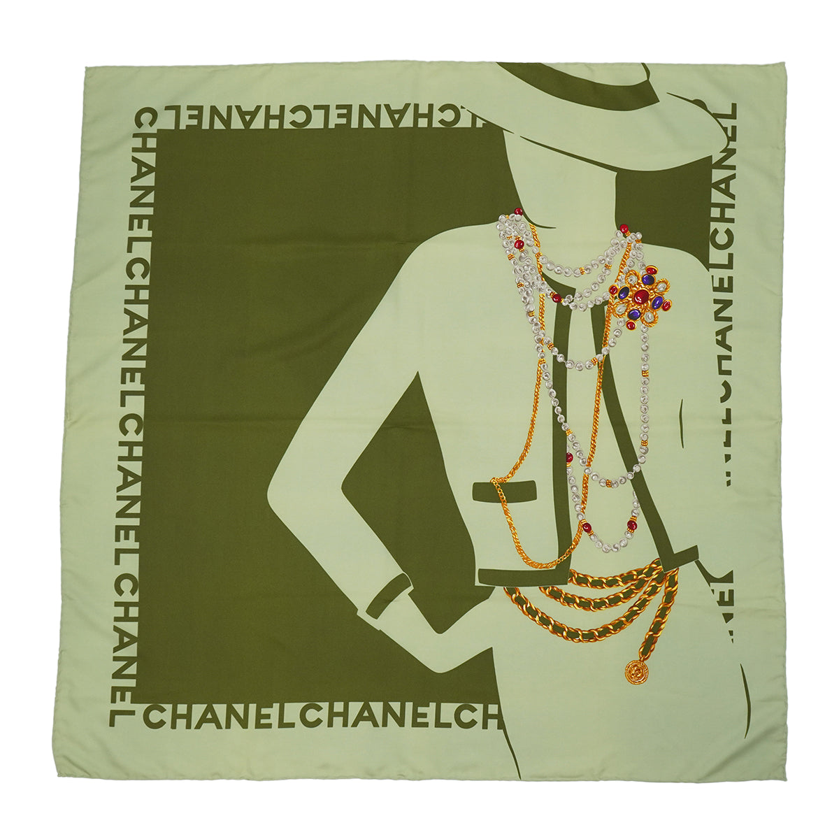 VINTAGE CHANEL SCARF MADEMOISELLE LOGO GREEN SILK 90340389