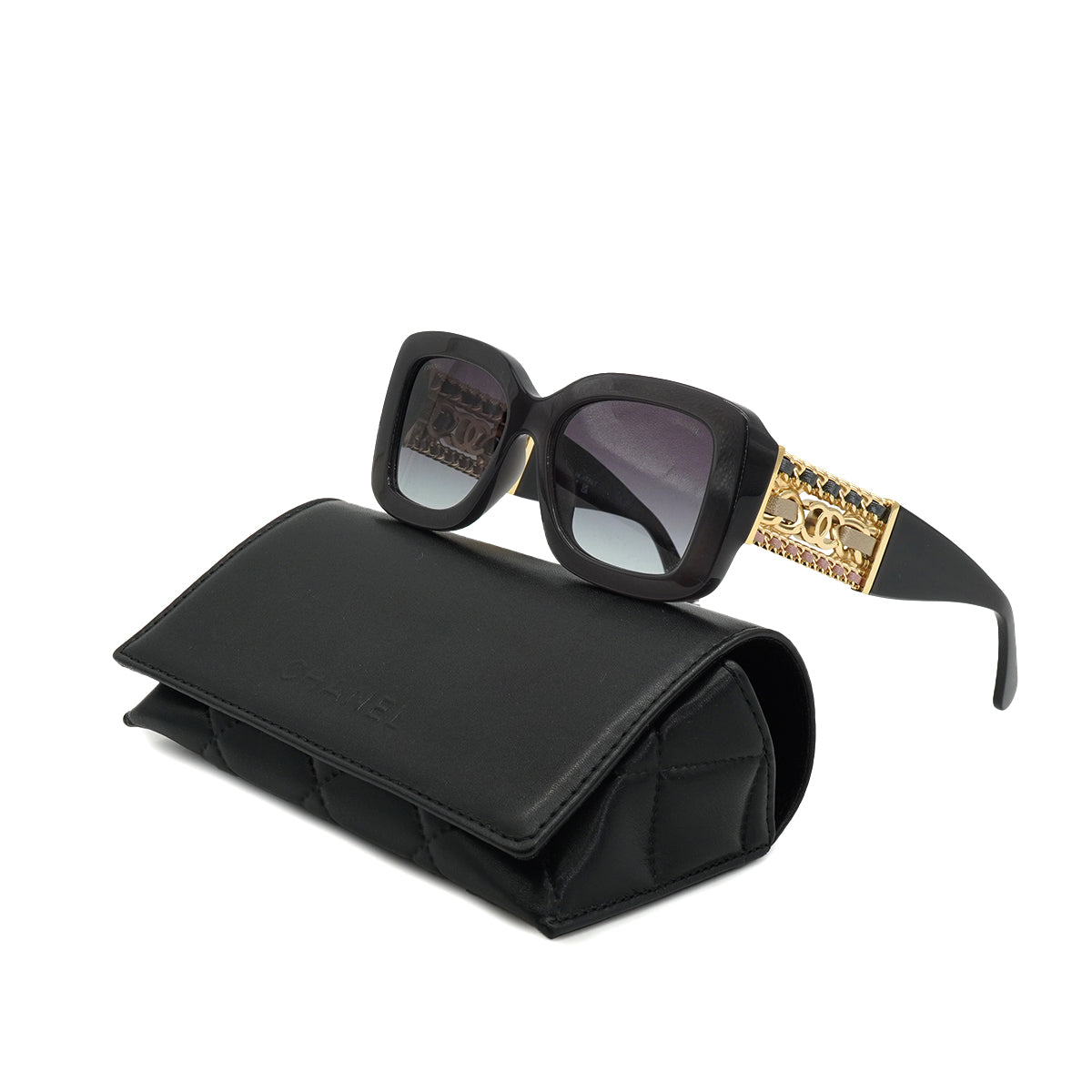 VINTAGE CHANEL SUNGLASSES COCOMARK CHAIN BLACK GOLD EYEWEAR 90332599