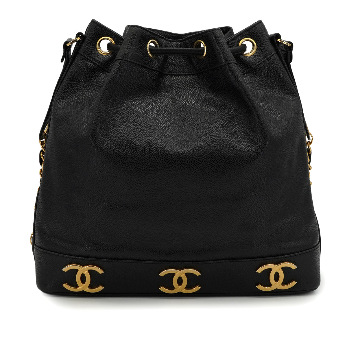 VINTAGE CHANEL TRIPLE COCO DRAWSTRING CHAIN SHOULDER BAG BLACK CAVIAR SKIN GOLD HARDWARE 90339658