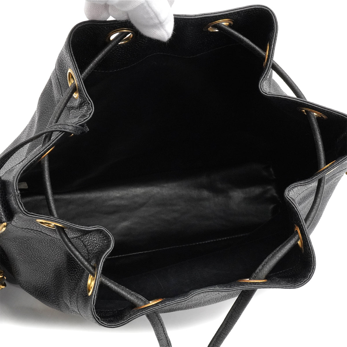 VINTAGE CHANEL TRIPLE COCO DRAWSTRING CHAIN SHOULDER BAG BLACK CAVIAR SKIN GOLD HARDWARE 90339658