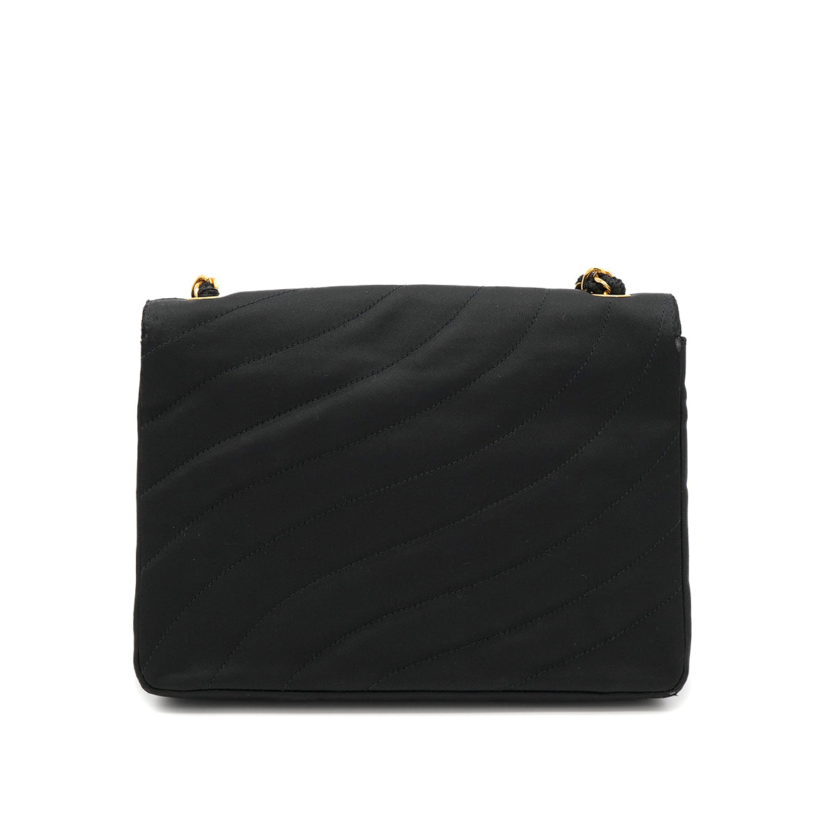 VINTAGE CHANEL TURN LOCK CHAIN SHOULDER BAG BLACK SATIN GOLD HARDWARE 90323203