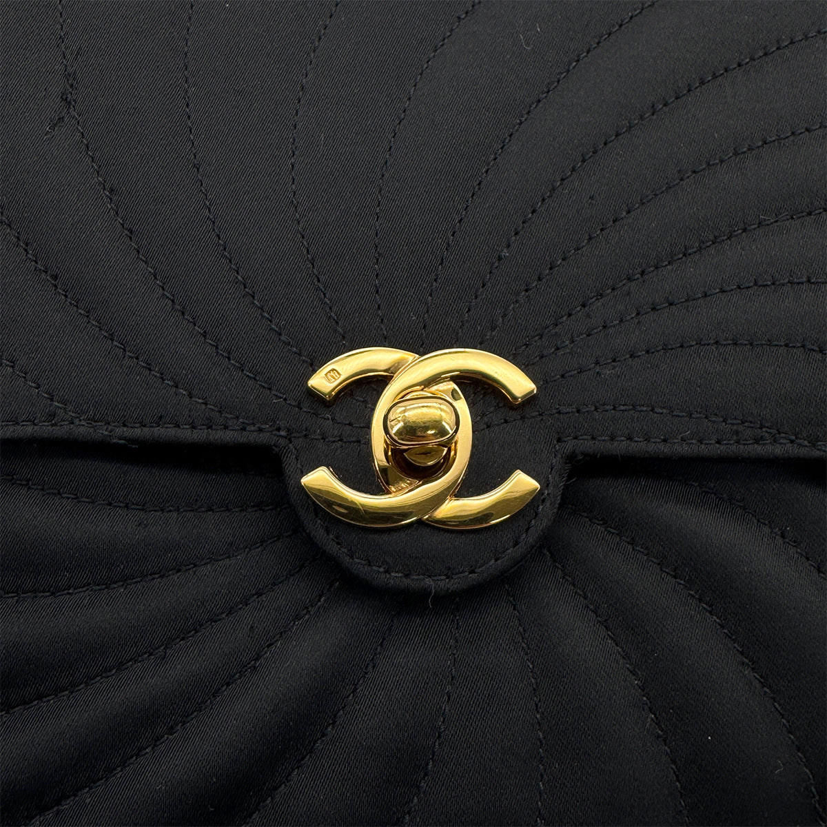 VINTAGE CHANEL TURN LOCK CHAIN SHOULDER BAG BLACK SATIN GOLD HARDWARE 90323203