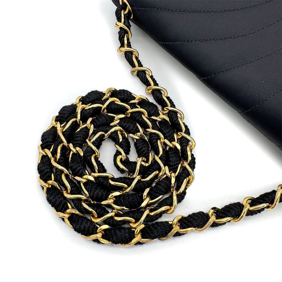 VINTAGE CHANEL TURN LOCK CHAIN SHOULDER BAG BLACK SATIN GOLD HARDWARE 90323203