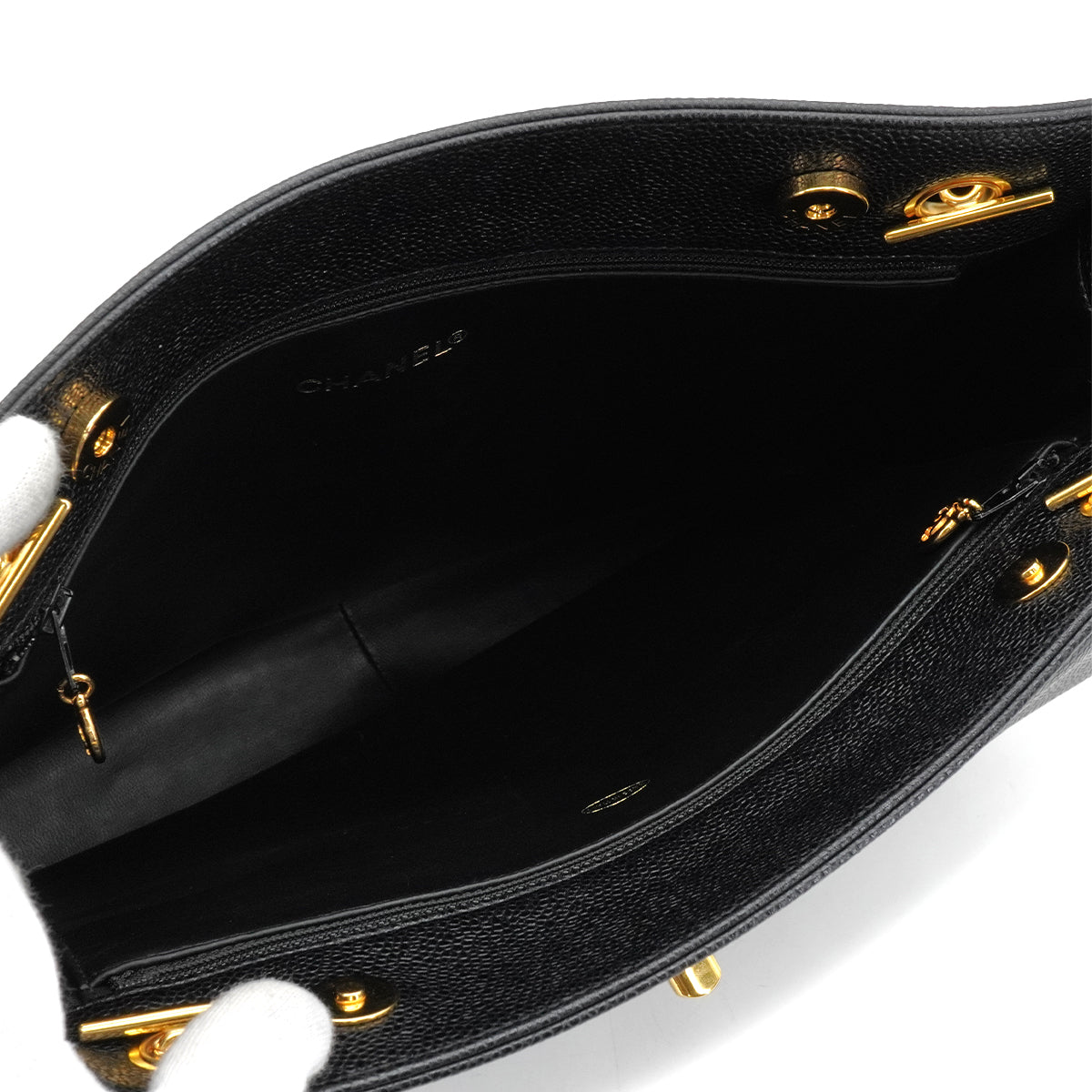VINTAGE CHANEL TURN LOCK CHAIN TOTE BAG BLACK CAVIAR SKIN GOLD HARDWARE 90340135