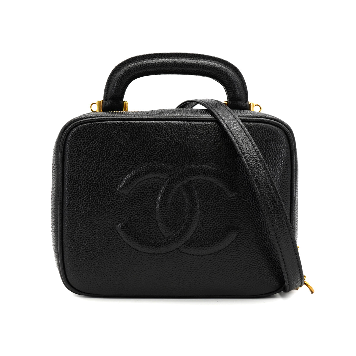 VINTAGE CHANEL VANITY HAND SHUOLDER BAG BLACK CAVIAR SKIN GOLD HARDWARE 90331860