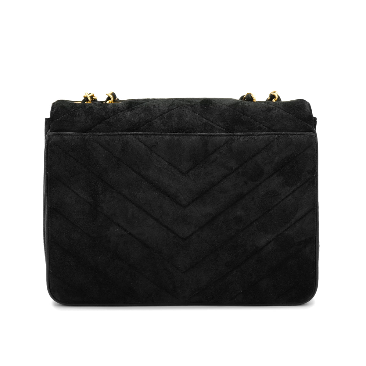 VINTAGE CHANEL V STITCH CHAIN SHOULDER BAG BLACK SUEDE GOLD HARDWARE 90317296