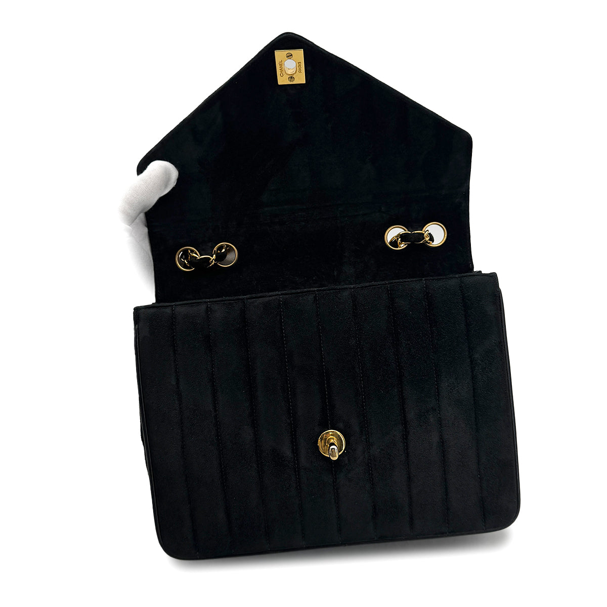 VINTAGE CHANEL V STITCH CHAIN SHOULDER BAG BLACK SUEDE GOLD HARDWARE 90317296