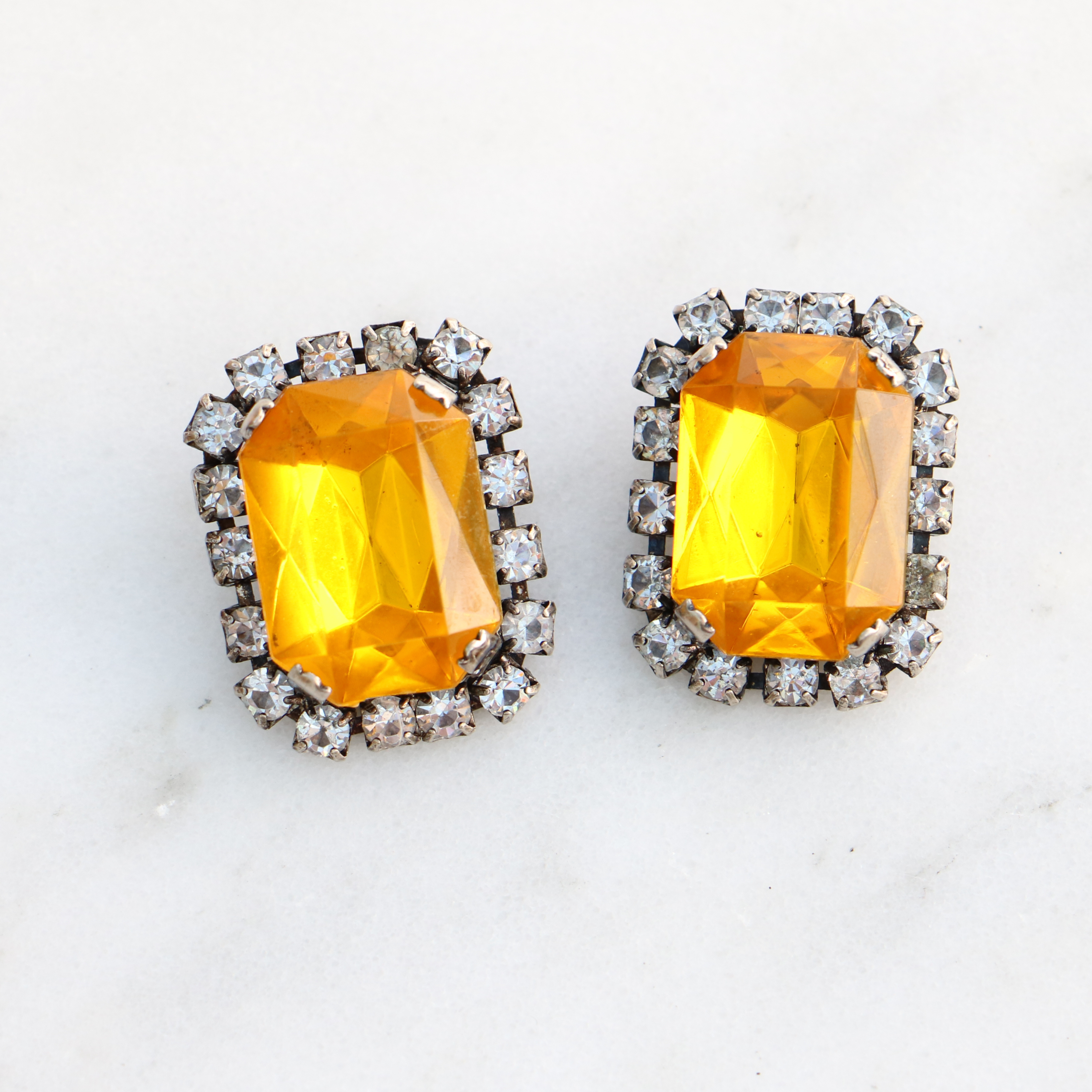 Vintage Yellow Halo Emerald Cut Earrings