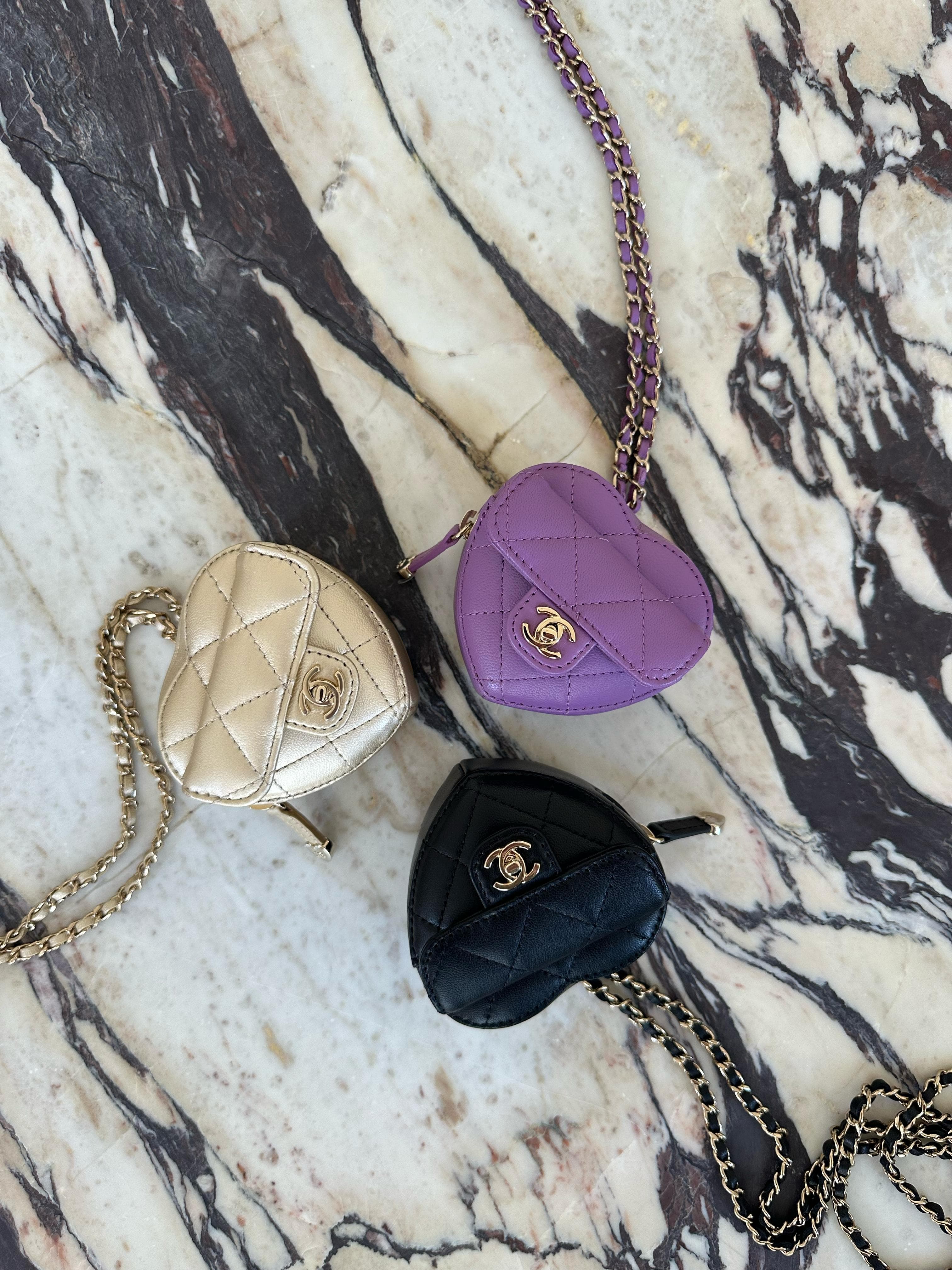 *LONDON LOCATED* CHANEL MINI HEART NECKLACE Black Lambskin Leather with Champagne-Toned Metal