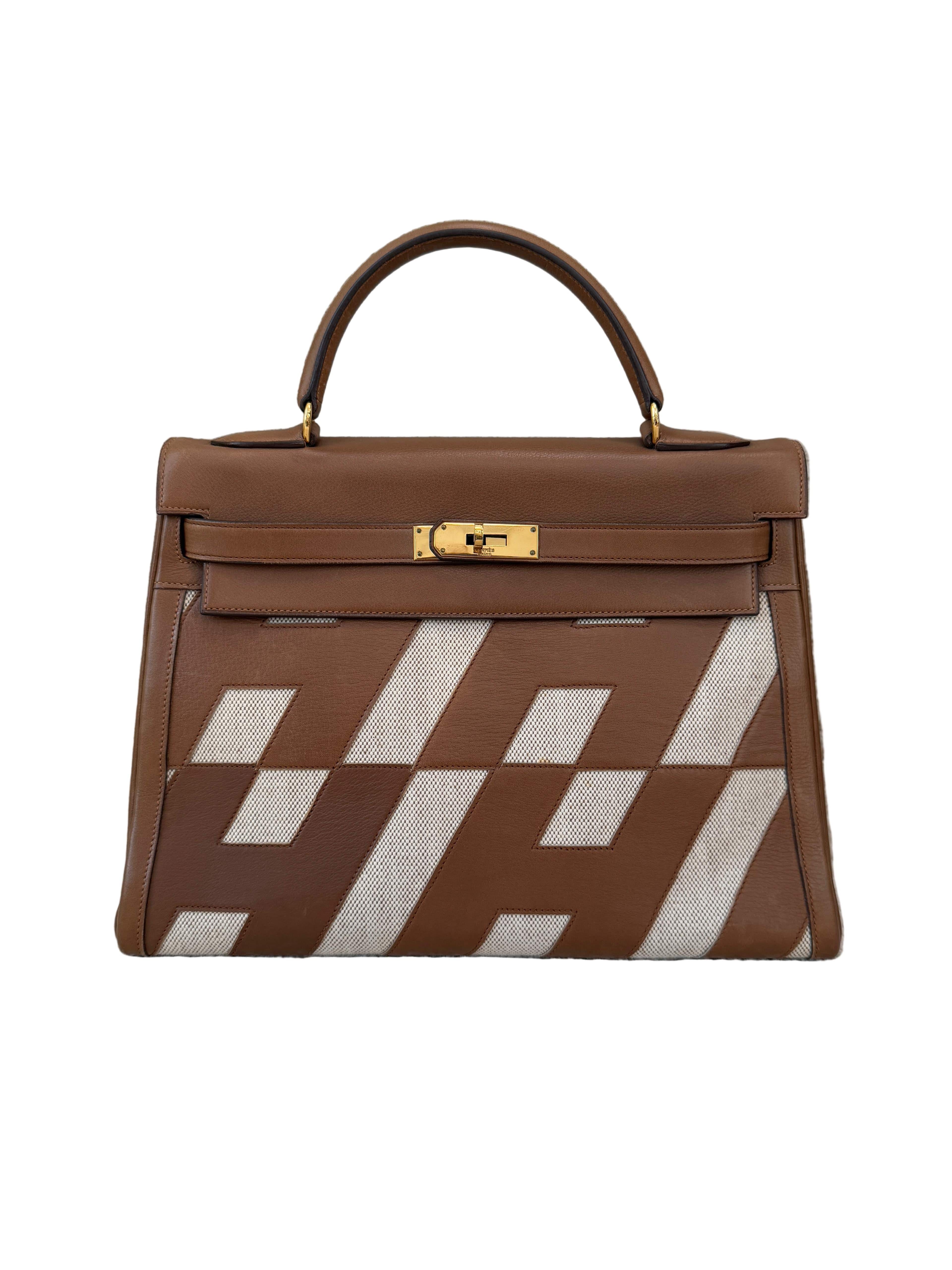 *LONDON LOCATED* VINTAGE HERMÈS KELLY 32CM "ULYSSE" GOLD Gulliver & Toile with Gold Hardware