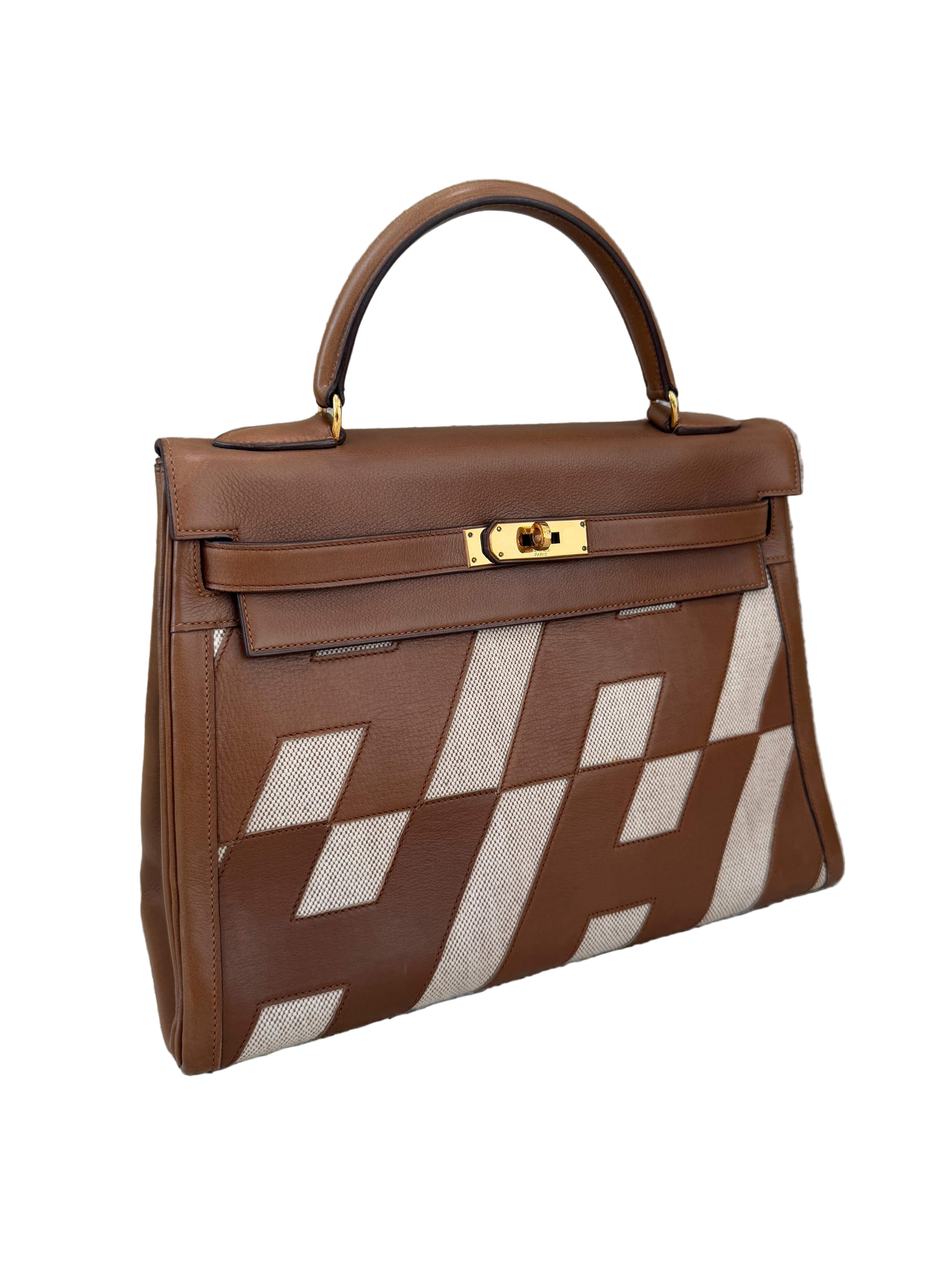 *LONDON LOCATED* VINTAGE HERMÈS KELLY 32CM "ULYSSE" GOLD Gulliver & Toile with Gold Hardware