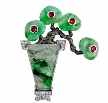 Brooch in 18K - Jade 14.394 + D0.085 + Spinel 0.21 J-BR1052-09 JJC3058