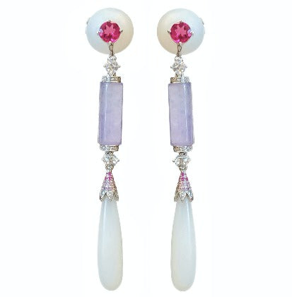 Earring in 18K - Jade 3.8 Rubellite 0.59 Nephrite Jade 17.863 + D0.308 + 0.1521 N-ER1083-03 JJC3025
