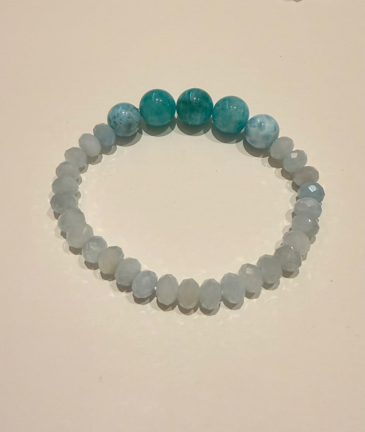White Amazonite Larimar and Aquamarine Bead Bracelet HKDXB0014