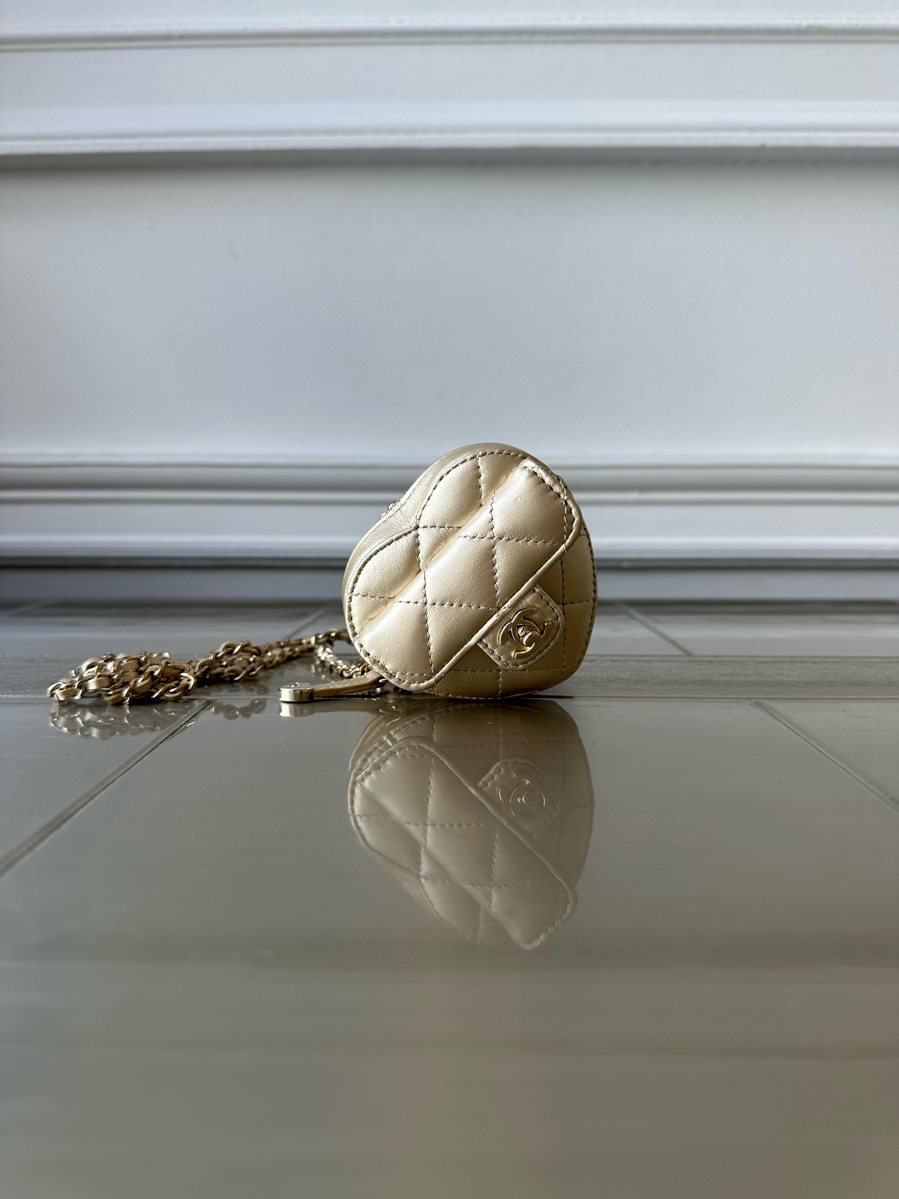 *LONDON LOCATED* CHANEL MINI HEART NECKLACE Gold Lambskin Leather with Champagne-Toned Metal