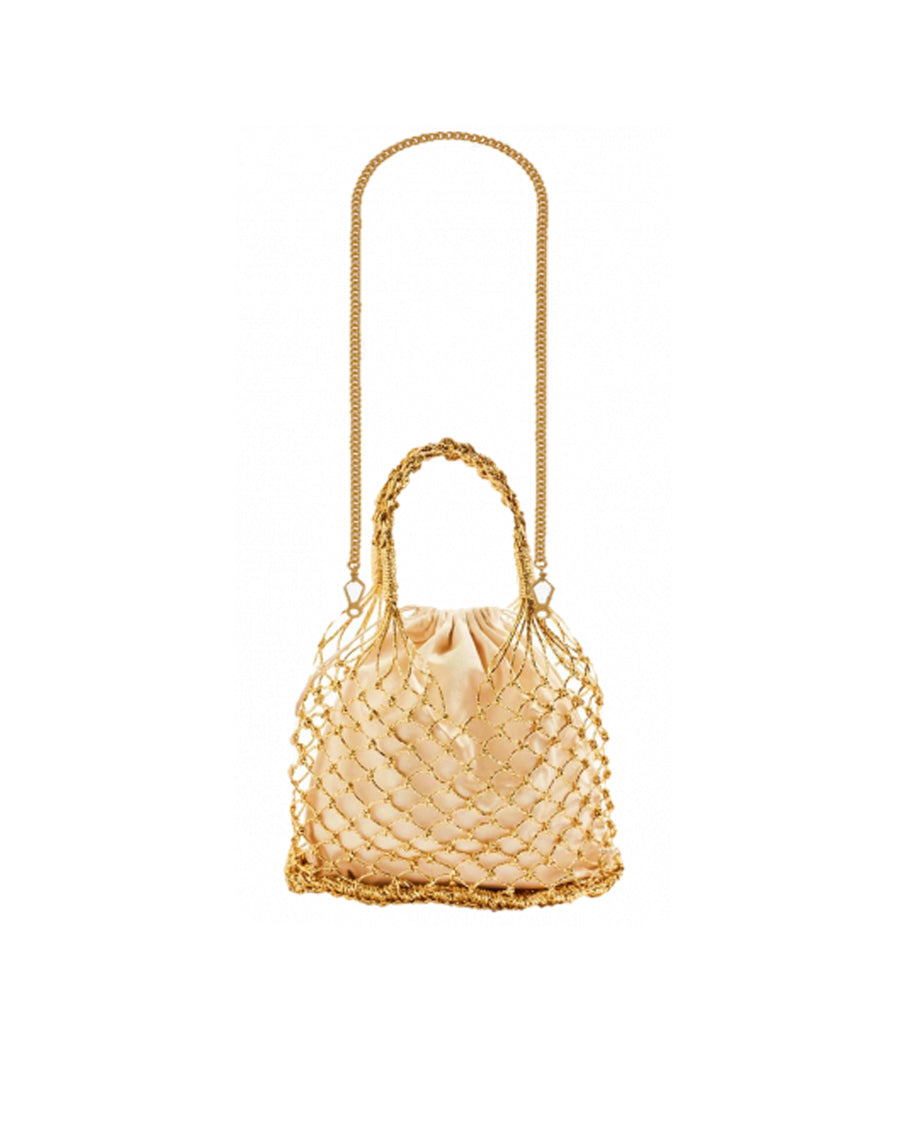 Woven Straw Satin Mini Helene Gold Net and Ivory Tote Bag