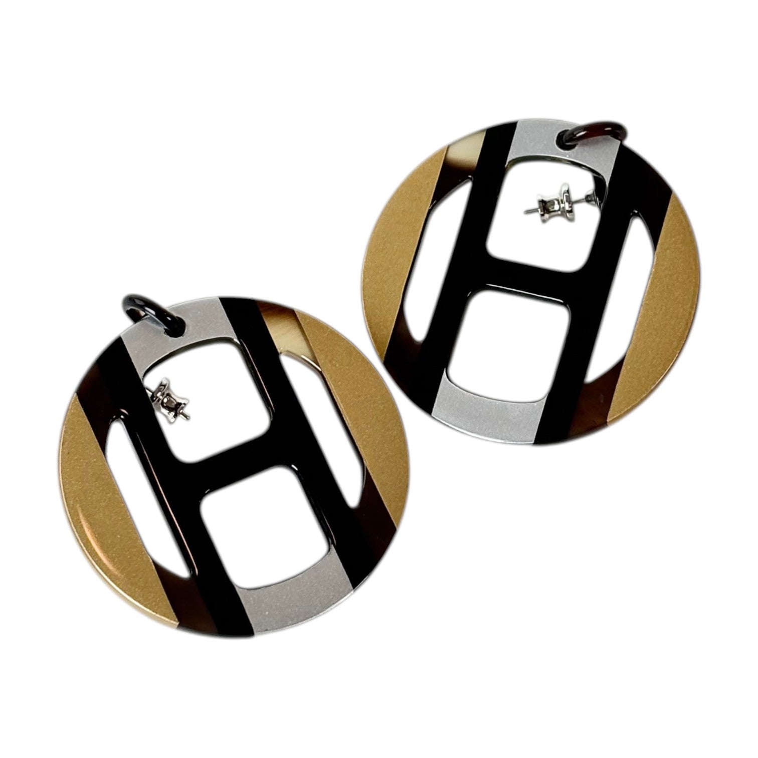 Hermes H Equipe Earrings Black Gold Color Horn