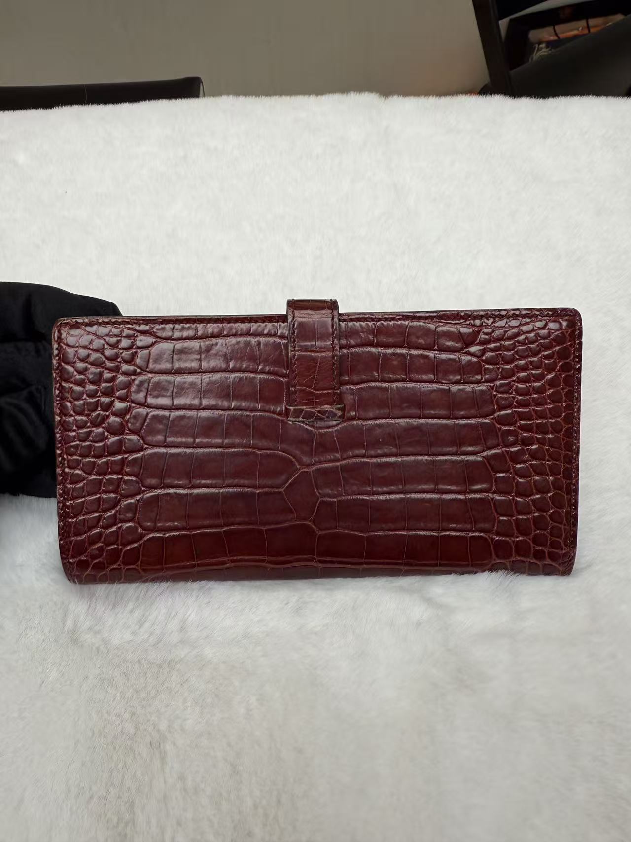 Hermès bearn Luxury Crocodile Embossed Leather Wallet - Burgundy