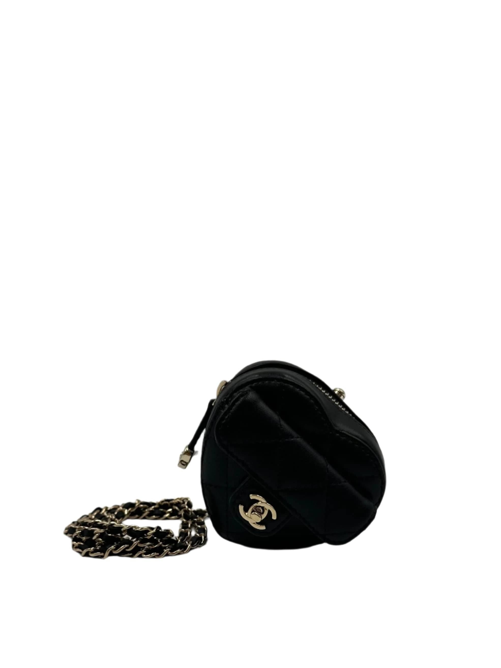 Aureon Group Limited *LONDON LOCATED* CHANEL MINI HEART NECKLACE Black Lambskin Leather with Champagne-Toned Metal