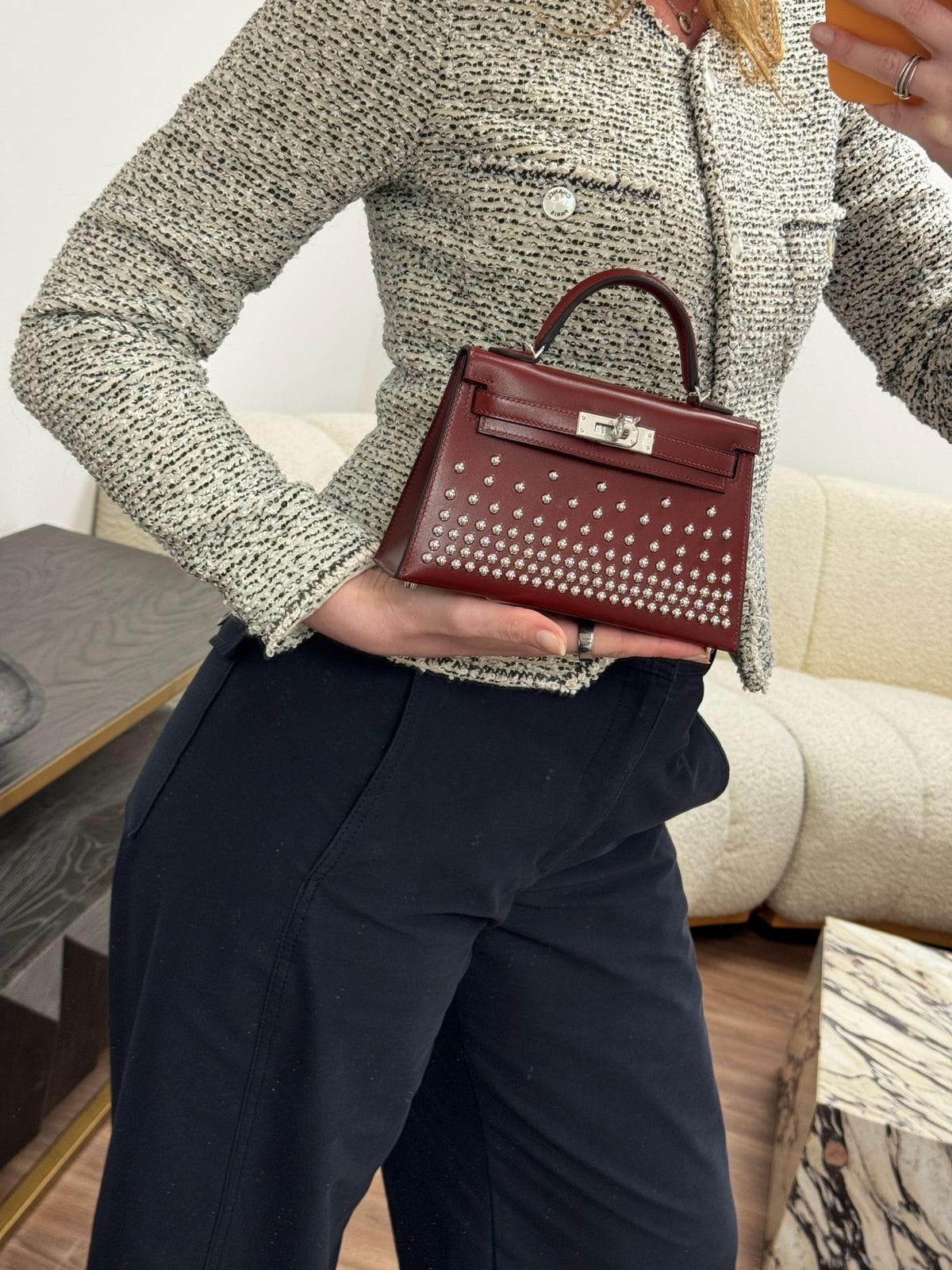 Aureon Group Limited *LONDON LOCATED* HERMÈS MINI KELLY II 20CM "CLOUTE" ROUGE H Box Leather with Palladium Hardware