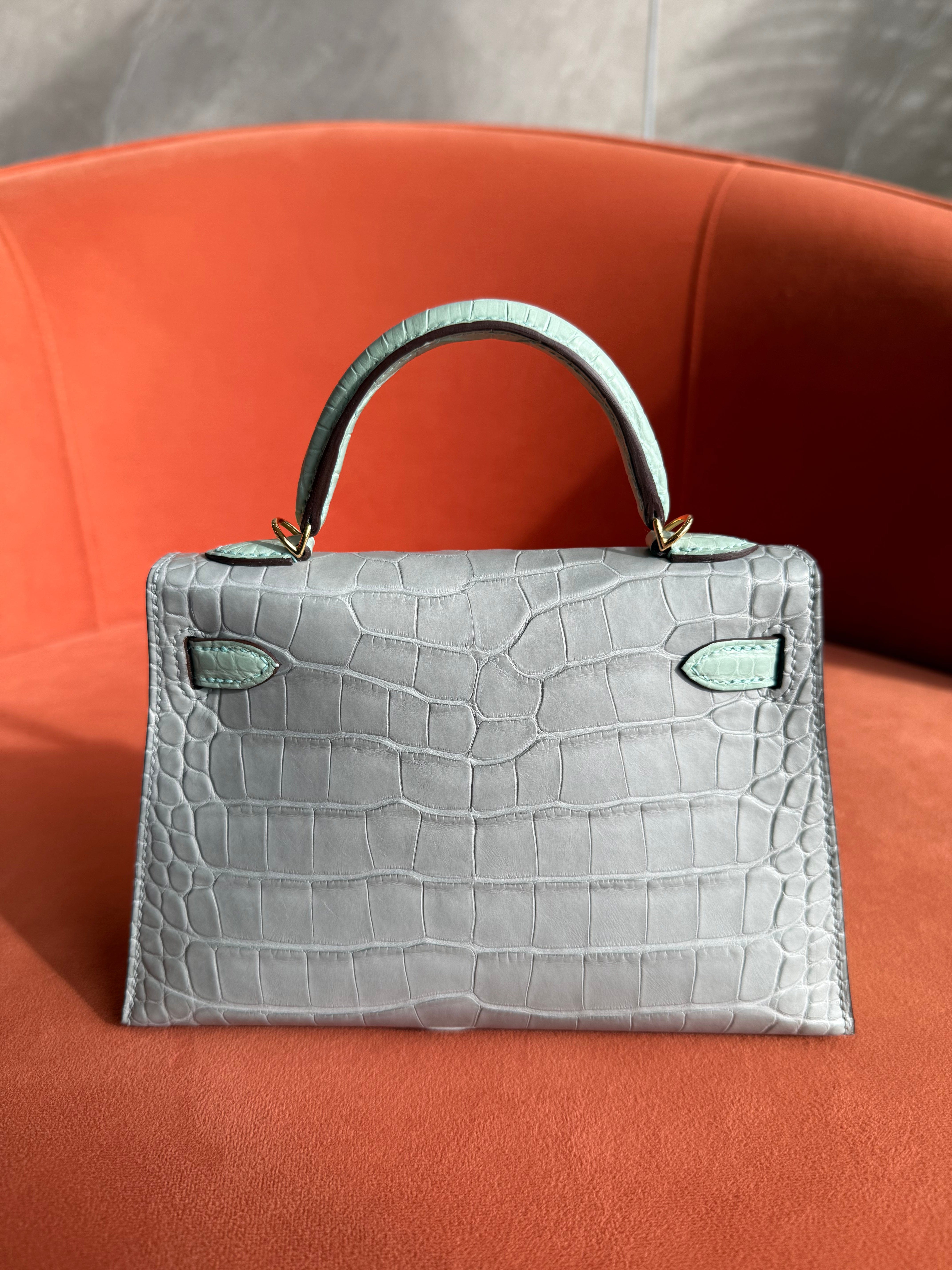 Aureon Group Limited *ON HOLD*LONDON LOCATED* HERMÈS MINI KELLY II 20CM HSS SPECIAL ORDER VERT D'EAU & GRIS PERLE Matte Alligator Leather Gold Hardware