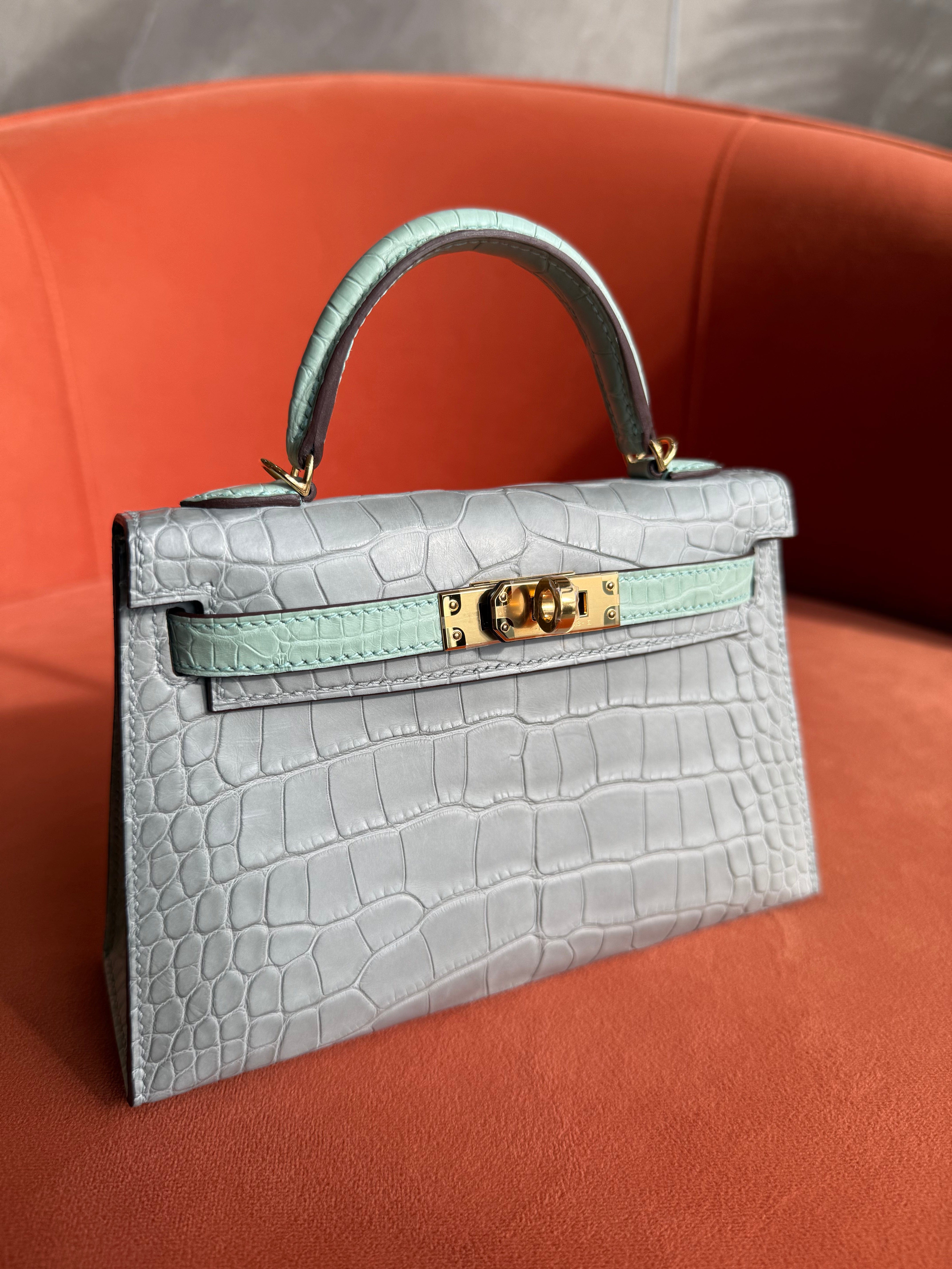 Aureon Group Limited *ON HOLD*LONDON LOCATED* HERMÈS MINI KELLY II 20CM HSS SPECIAL ORDER VERT D'EAU & GRIS PERLE Matte Alligator Leather Gold Hardware