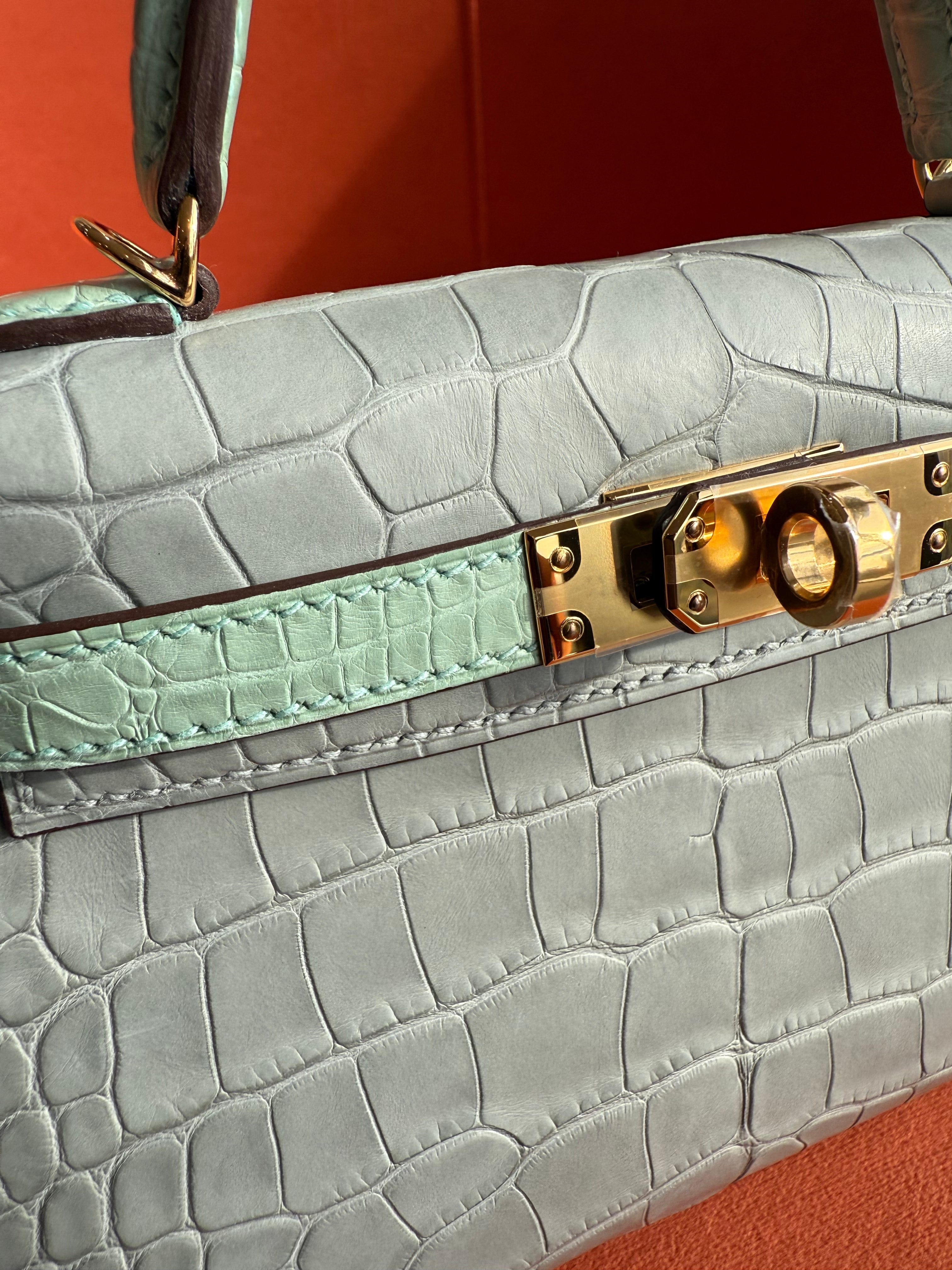 Aureon Group Limited *ON HOLD*LONDON LOCATED* HERMÈS MINI KELLY II 20CM HSS SPECIAL ORDER VERT D'EAU & GRIS PERLE Matte Alligator Leather Gold Hardware