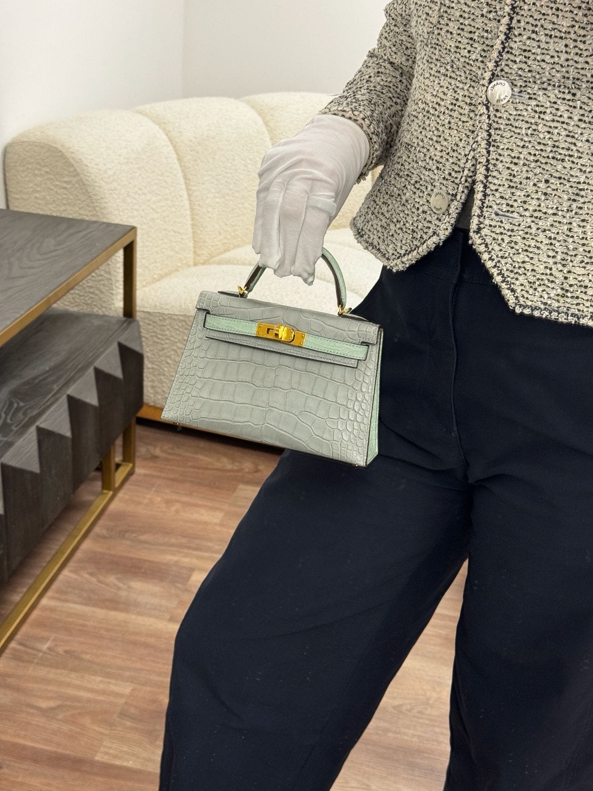Aureon Group Limited *ON HOLD*LONDON LOCATED* HERMÈS MINI KELLY II 20CM HSS SPECIAL ORDER VERT D'EAU & GRIS PERLE Matte Alligator Leather Gold Hardware